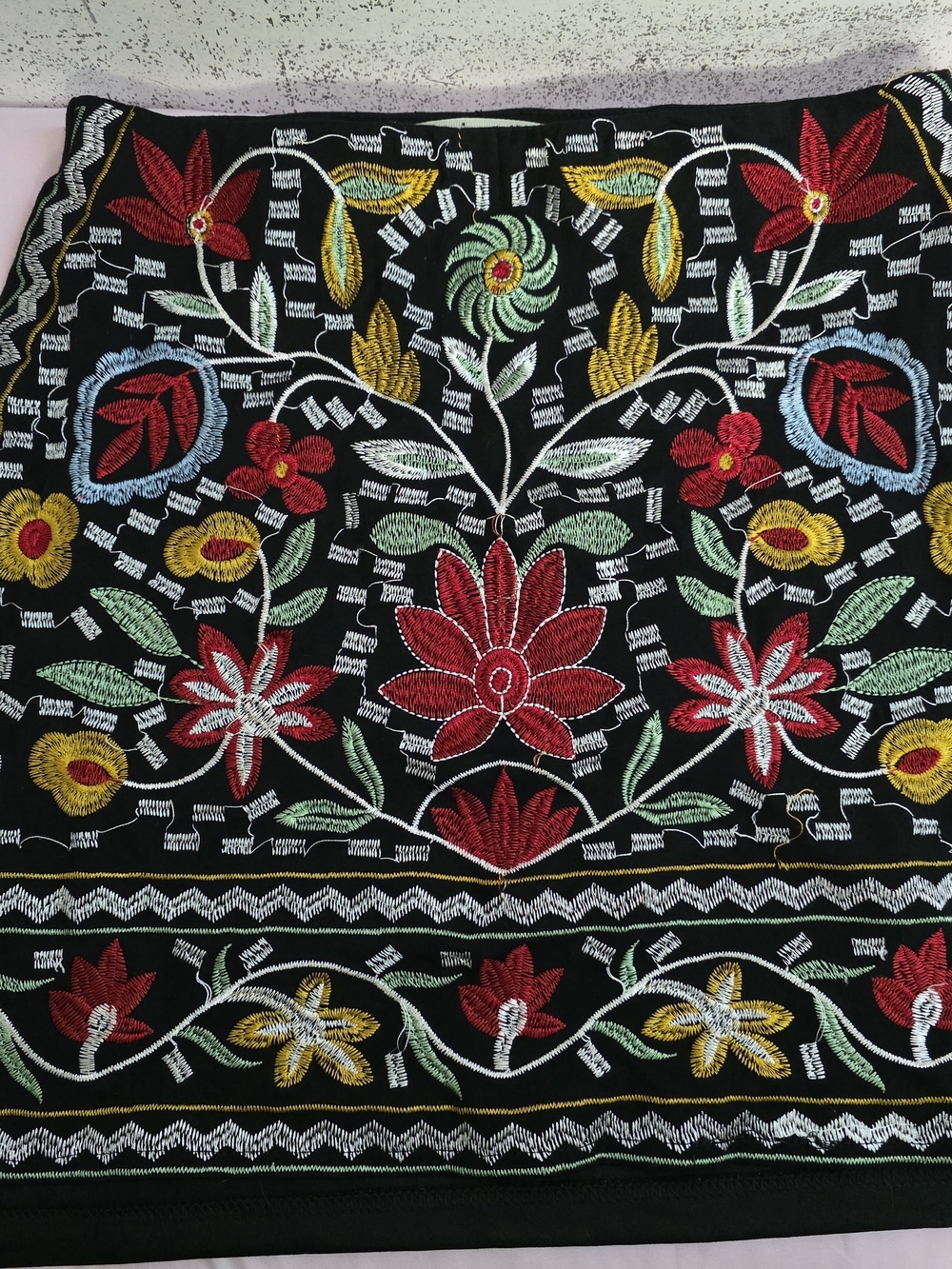 miami Black Embroidered Mini Skirt with Red, Yellow, Green and Blue Florals